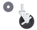 A gray caster wheel with metal attachment and locking mechanism beside a separate round, flat rubber piece with Metro inscribed on it. The wheel is designed for mobility and support, likely for furniture or equipment.