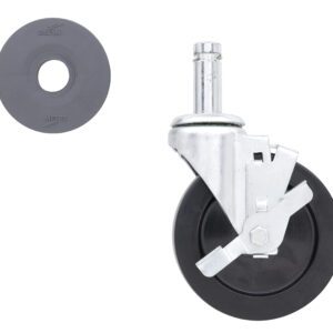 A gray caster wheel with metal attachment and locking mechanism beside a separate round, flat rubber piece with Metro inscribed on it. The wheel is designed for mobility and support, likely for furniture or equipment.