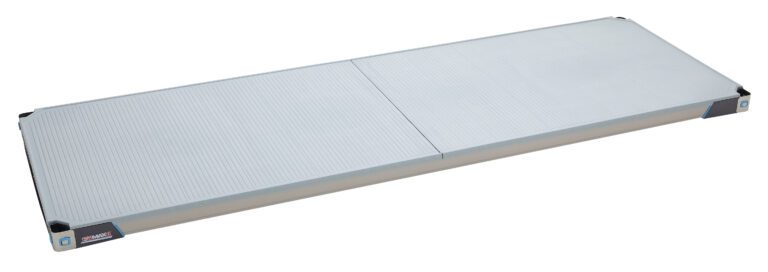 bei8qlixe4rponix3s5v51bphjsmtkn5.jpg A rectangular, silver metal ramp with a textured surface resembles the sleek design of the MetroMax i MX2472F Plastic Industrial Shelf with Solid Mat, 24x72. It folds in half for easy portability and includes small handles on each end.