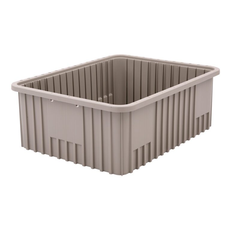 The Metro TB93080NAT Polypropylene Tote in natural gray measures 22.5 x 17.5 x 8, has a ribbed exterior, and is a large rectangular storage bin sold without a lid.