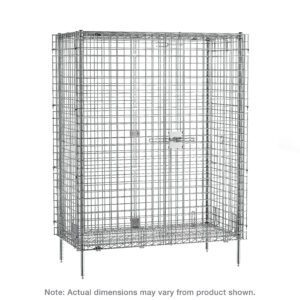 The Metro SEC56CQ qwikSLOT Stationary Security Shelving Unit is a chrome wire storage cage with latch and elevated legs, featuring dimensions that may vary from 27.25 x 62.5 x 66.8125.