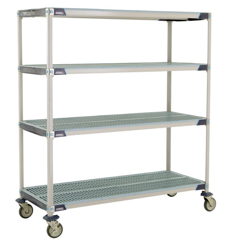 The MetroMax i X566EGX3 Cart, sized at 24 x 60 x 67.3125, features open grid shelves for ventilation, a sturdy frame, and four swivel casters for mobility, ideal for industrial or garage use.