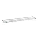 The Metro Super Erecta 1472NC Industrial Wire Shelf, measuring 14 x 72 with a chrome finish, is showcased on a white background. Its rectangular metal design features a grid pattern and sturdy frame, highlighting its reliable craftsmanship.