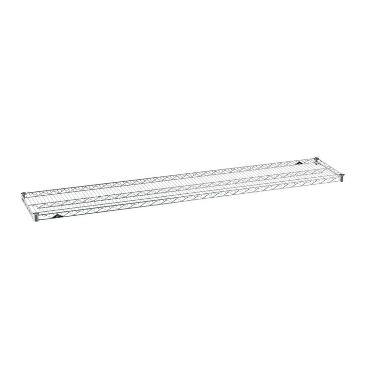 The Metro Super Erecta 1472NC Industrial Wire Shelf, measuring 14 x 72 with a chrome finish, is showcased on a white background. Its rectangular metal design features a grid pattern and sturdy frame, highlighting its reliable craftsmanship.