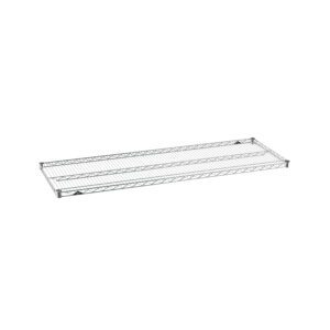 The Metro Super Erecta 2160NC Industrial Wire Shelf, Chrome, 21 x 60, features a sleek grid design with a shiny chrome finish. This sturdy, rectangular shelf integrates seamlessly into any modular shelving system and is set against a plain white background.