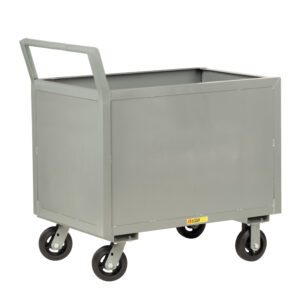 A gray rectangular metal utility cart, similar to the Little Giant Box Truck with an ergonomic handle, boasts four wheels and a handle on one side.
