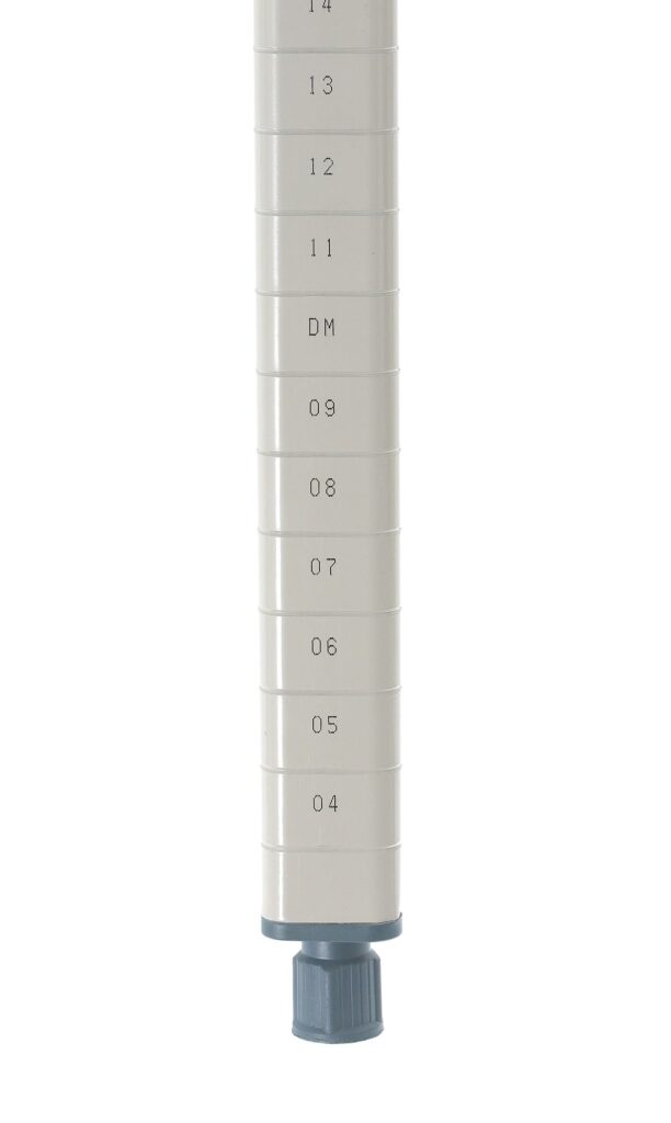The MetroMax MQ86PE industrial shelving post features an 86 high white rod with evenly spaced horizontal grooves, numbered labels from 04 to 14, and a gray knob at the bottom, giving it a measuring scale look.