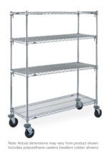 The Metro Super Adjustable Super Erecta SA-247280C-MU-4 is a four-shelf wire shelving cart in chrome with polyurethane casters for mobility, measuring 24 x 72 x 80.