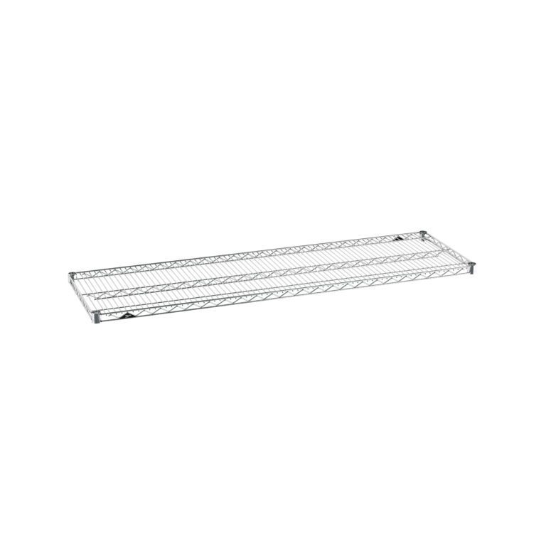 bso5bjdyhtrshzrgb6dlhw3o82vbrgyo.jpg Metal wire shelf against a white background, featuring a grid pattern and elevated edges on the sides for additional support.