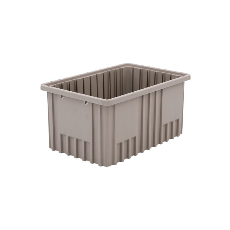The Metro TB92080NAT Polypropylene Tote in natural gray has vertical grooves, a rectangular shape, and an open top for easy access. Its dimensions are 16.5 x 10.875 x 8.