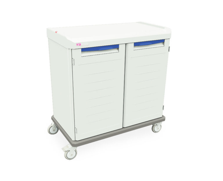 c1tux076q4n09w0pdo5eql5nqeomvo89.jpg The Metro SXRD43CM4 Starsys Mobile Supply Unit is a versatile utility cart in light gray with front blue-handled doors. It features four wheels and a flat top for efficient storage and smooth mobility in any setting.