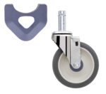 The Metro 5MPX 5 Polyurethane Swivel Stem Caster for MetroMax Industrial Plastic Shelving Racks features a gray tire and metal bracket. Its shown next to a gray triangular bracket with a circular opening on a plain white background.