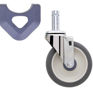 The Metro 5MPX 5 Polyurethane Swivel Stem Caster for MetroMax Industrial Plastic Shelving Racks features a gray tire and metal bracket. Its shown next to a gray triangular bracket with a circular opening on a plain white background.