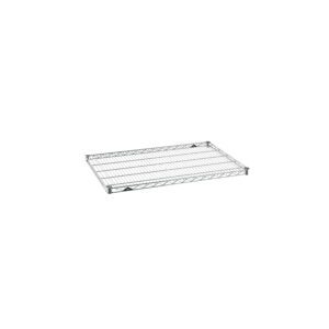 A metal wire shelf with a rectangular grid pattern, designed for storage or organization. The shelf is silver, featuring a minimalist, industrial style with reinforced corners. It is positioned on a plain white background.