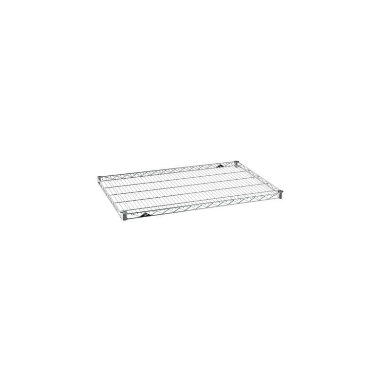 A metal wire shelf with a rectangular grid pattern, designed for storage or organization. The shelf is silver, featuring a minimalist, industrial style with reinforced corners. It is positioned on a plain white background.