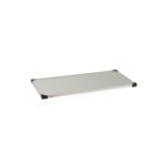 A Metro 2448FS Super Erecta Solid Shelf, standard stainless steel, measures 24 x 48 and features black corner protectors with a small red label on one edge. It stands empty against a white backdrop, showcasing its robustness and versatility in light gray.