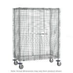 A large chrome metal mesh cage on wheels with a front latch resembles the Metro SEC66EC Super Erecta Mobile Security Shelving Unit, Chrome, 33.5 x 65 x 67.9375. Its empty against a plain white background, and a note states dimensions may differ from the image shown.