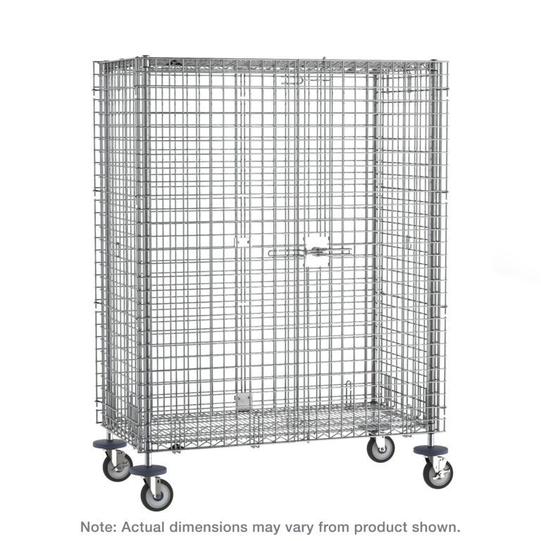 A large chrome metal mesh cage on wheels with a front latch resembles the Metro SEC66EC Super Erecta Mobile Security Shelving Unit, Chrome, 33.5 x 65 x 67.9375. Its empty against a plain white background, and a note states dimensions may differ from the image shown.