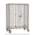 The Metro MQSEC56VE MetroMax Mobile Security Shelving Unit, measuring 27.8125 x 64.75 x 67.8125, is a metal wire cage with a rectangular shape on wheels, featuring a latch-secured hinged door and an industrial design.