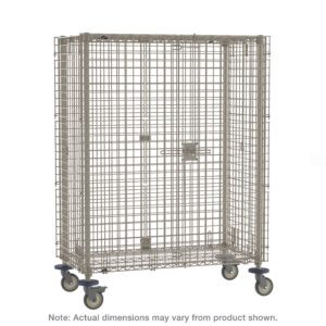 The Metro MQSEC56VE MetroMax Mobile Security Shelving Unit, measuring 27.8125 x 64.75 x 67.8125, is a metal wire cage with a rectangular shape on wheels, featuring a latch-secured hinged door and an industrial design.