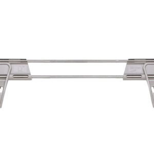 A close-up of a gray plastic and metal pants hanger with adjustable clips mirrors the practical design of the Metro MQL36-2S Stackable Shelf Ledge, highlighting its simplicity and functionality, while sliding mechanisms ensure clothing is securely held.