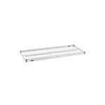 The Metro Super Erecta 2148NC Industrial Wire Shelf, Chrome, 21 x 48, displayed on a white background, showcases a grid pattern with reinforced edges for stability and a sleek chrome finish.