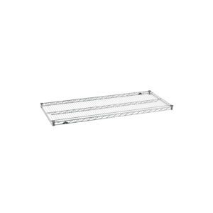 The Metro Super Erecta 2148NC Industrial Wire Shelf, Chrome, 21 x 48, displayed on a white background, showcases a grid pattern with reinforced edges for stability and a sleek chrome finish.