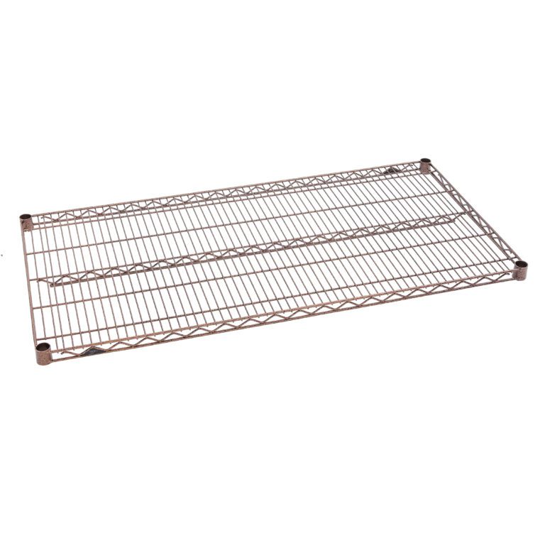The Metro Super Erecta 2448N-DCH Industrial Wire Shelf, measuring 24 x 48 with a copper hammertone finish, features a grid pattern and corner cylindrical supports for enhanced stability and easy attachment.