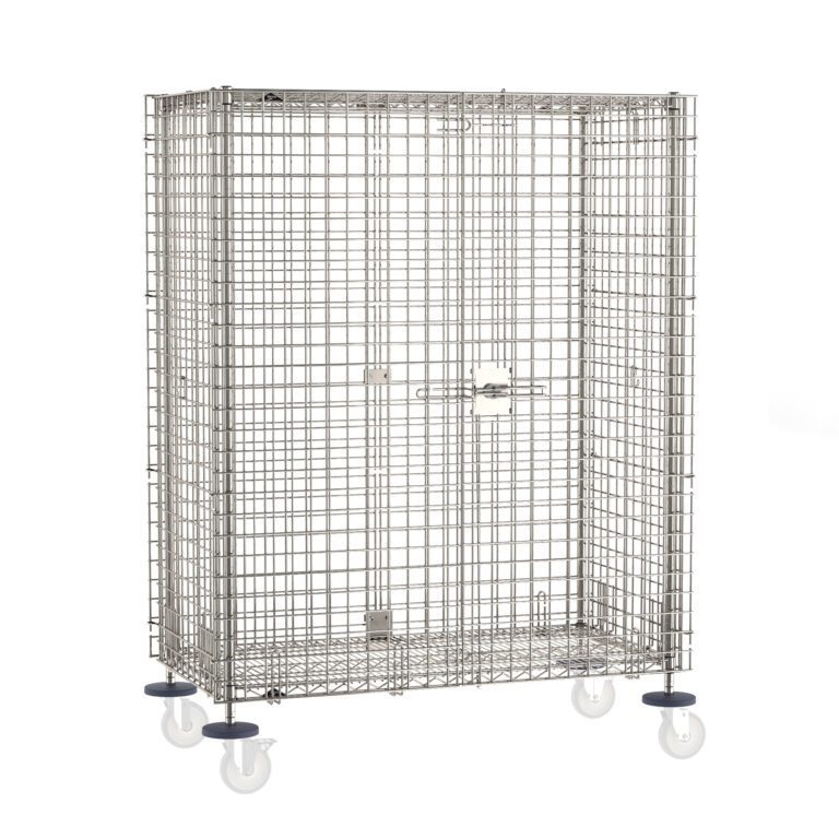 The Metro SEC55S-SD Super Erecta Unit is a 27.25x52.75x62 rectangular stainless steel shelving cage with a secure latch door, designed for mobility in industrial or commercial settings; casters arent included.