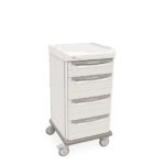 The Metro SXRS43CM1 Starsys Bedside Cart is a sleek, white cart with five drawers and wheels for easy mobility, featuring a top handle for convenient storage.