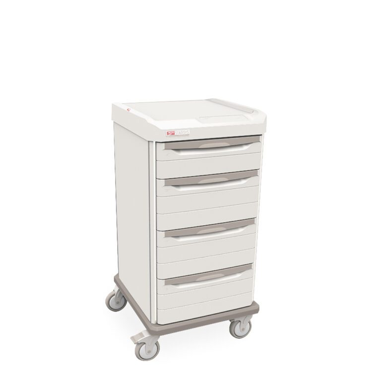 The Metro SXRS43CM1 Starsys Bedside Cart is a sleek, white cart with five drawers and wheels for easy mobility, featuring a top handle for convenient storage.