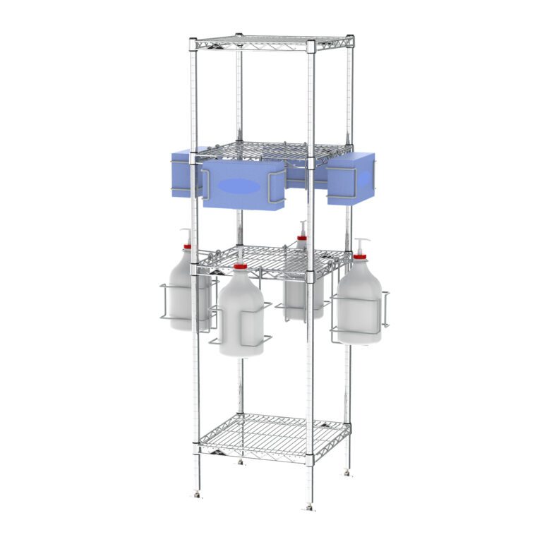 The Metro CR181863-PPET PPE Rack is a tall, metal storage unit with wire shelves, holding a blue crate on one shelf and four white gallon containers in metal holders below, offering versatile storage solutions.