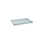 The Metro Super Erecta 2436NK3 Industrial Wire Shelf features a rectangular shape and grid design, constructed from green metal wire. It includes four corner support brackets and boasts a Metroseal Green Epoxy finish.