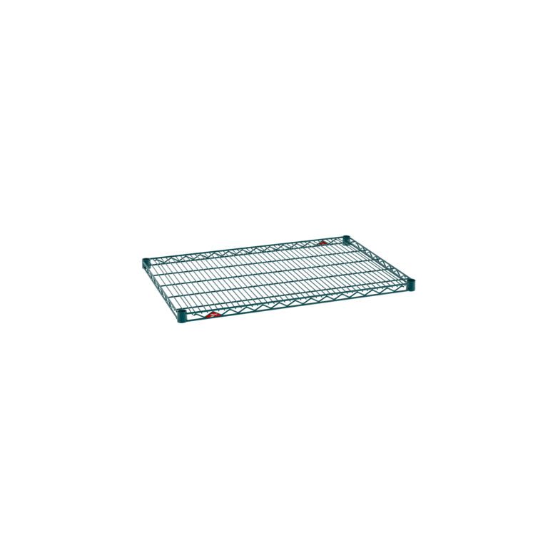 f0kxmwj8ndlun3q01u7x71vkv3pd3noc.jpg The Metro Super Erecta 2436NK3 Industrial Wire Shelf features a rectangular shape and grid design, constructed from green metal wire. It includes four corner support brackets and boasts a Metroseal Green Epoxy finish.
