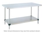 The Metro WT367FS HD Super Stainless Steel Stationary Worktable features a flat top, sturdy bottom shelf, and adjustable cylindrical legs for flexibility. Note that dimensions of this 36 x 72 table may vary from those shown.