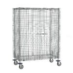 The Metro SEC55DC Super Erecta Mobile Security Shelving Unit, Chrome, 27.25 x 52.75 x 67.9375, features a chrome grid design with a hinged door and four caster wheels for easy mobility, perfect for secure storage or transporting items.