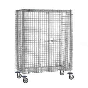 The Metro SEC55DC Super Erecta Mobile Security Shelving Unit, Chrome, 27.25 x 52.75 x 67.9375, features a chrome grid design with a hinged door and four caster wheels for easy mobility, perfect for secure storage or transporting items.