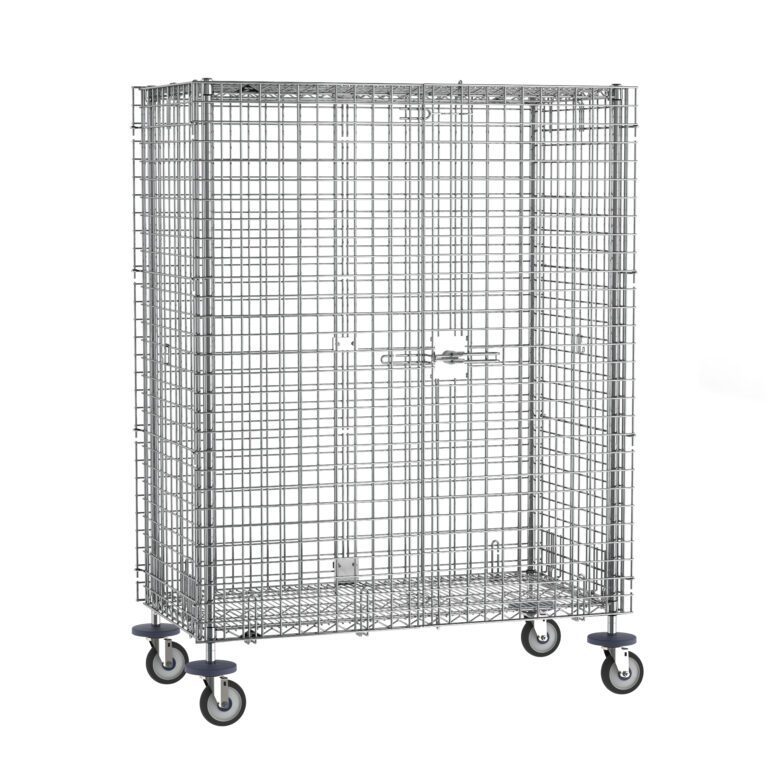 fcer5sqmu30zgucvisiz2povvn80z870.jpg The Metro SEC55DC Super Erecta Mobile Security Shelving Unit, Chrome, 27.25 x 52.75 x 67.9375, features a chrome grid design with a hinged door and four caster wheels for easy mobility, perfect for secure storage or transporting items.