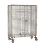 The Metro MQSEC55VE MetroMax Mobile Security Shelving Unit is a sturdy, portable metal mesh cage on wheels, measuring 27.8125 x 52.75 x 67.8125. It has a hinged door with a latch for secure industrial storage or transport solutions.