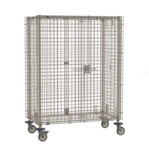 The Metro MQSEC55VE MetroMax Mobile Security Shelving Unit is a sturdy, portable metal mesh cage on wheels, measuring 27.8125 x 52.75 x 67.8125. It has a hinged door with a latch for secure industrial storage or transport solutions.