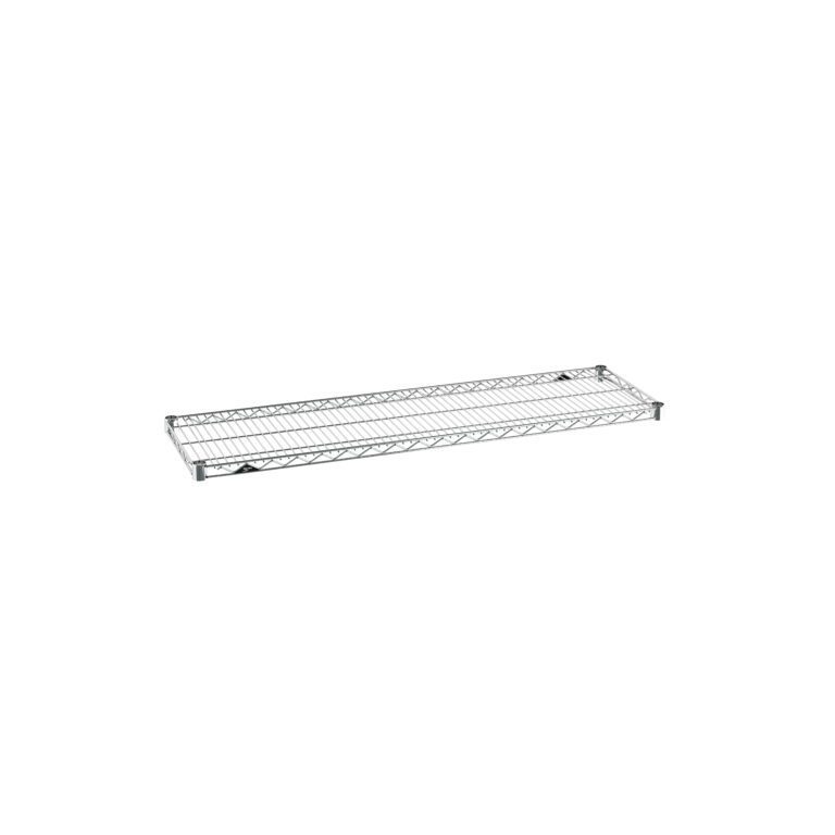 The Metro Super Erecta 1448NC Industrial Wire Shelf is a sturdy chrome rectangular shelf with a grid pattern, measuring 14 x 48. It features a flat design and raised perimeter edge, perfect for efficient space organization.