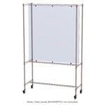 The Metro SHH184878K4-M-3 Mobile Protective Barrier Shield Stand, crafted from Metroseal Gray metal, features a rectangular frame with wheels. It offers stability and easy mobility while holding a clear panel (not included).