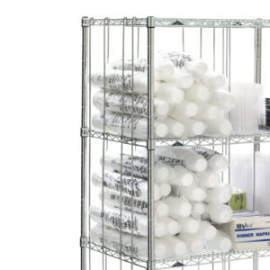 The brightly lit scene highlights a metal shelving unit, organized perfectly for storage. Metro R61C Rods and Tabs for Super Erecta Wire Shelving in chrome enhance its structure, while wrapped stacks of cups and boxed napkins fill the top and bottom shelves.