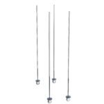 Four vertical chrome rods with spherical bases are evenly spaced against a white background, resembling the Metro BTMC qwikTRAK Mobile Unit Kit for Super Erecta Wire Shelving in chrome.