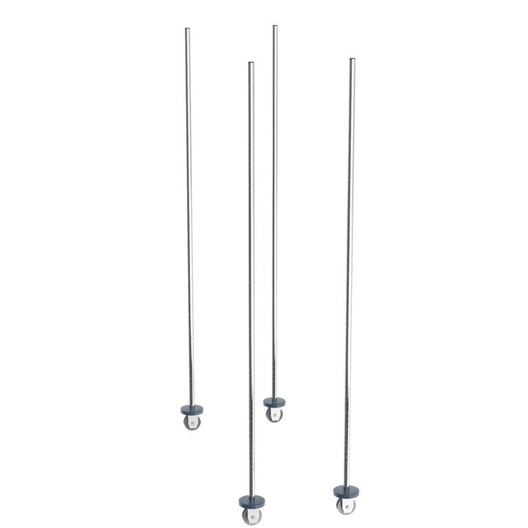 Four vertical chrome rods with spherical bases are evenly spaced against a white background, resembling the Metro BTMC qwikTRAK Mobile Unit Kit for Super Erecta Wire Shelving in chrome.