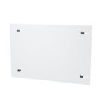 The Metro CRDD9971-2436 Social Distancing Shield for Super Erecta Shelving is a plain white 24 x 36 panel with four black corner clips for easy mounting, highlighting its simplicity and functionality.