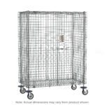 The Metro SEC56ECPL Super Erecta Mobile Security Shelving Unit is a chrome mobile wire cage on wheels (27.25 x 65 x 67.9375), ideal for storage or transport, with an electronic PIN lock and front-facing product sign. Dimensions may vary slightly.
