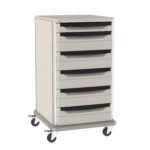 The Metro SXR40NL1 Starsys 40 Tall Non-Locking Undercounter Storage Cart is a beige storage solution with six drawers, black handles, and four caster wheels for easy mobility—perfect for organized undercounter use.