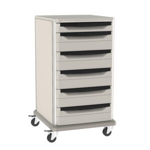 The Metro SXR40NL1 Starsys 40 Tall Non-Locking Undercounter Storage Cart is a beige storage solution with six drawers, black handles, and four caster wheels for easy mobility—perfect for organized undercounter use.