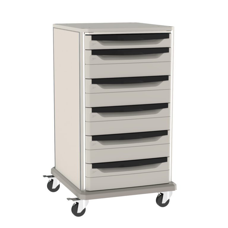 The Metro SXR40NL1 Starsys 40 Tall Non-Locking Undercounter Storage Cart is a beige storage solution with six drawers, black handles, and four caster wheels for easy mobility—perfect for organized undercounter use.